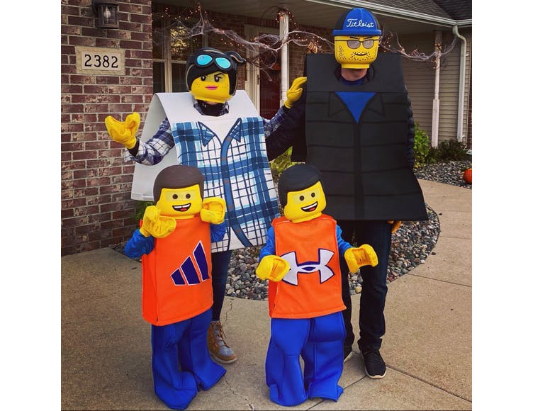 family dressed in DIY LEGO Halloween costumes