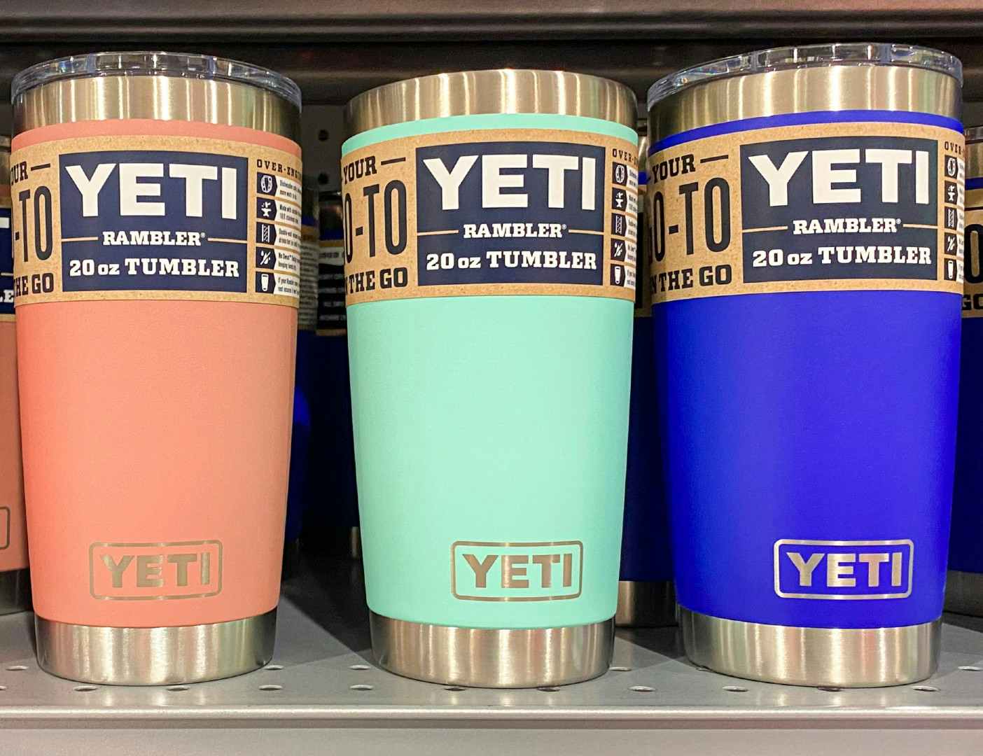 three 20 oz Yeti Ramblers on shelf