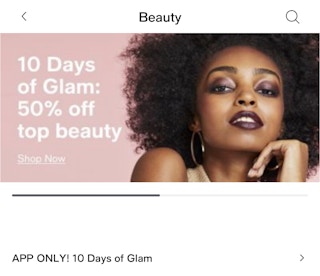 Beauty page screen shot on app