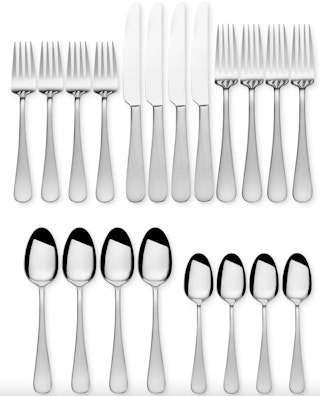 a 20-piece flatware set all lined up