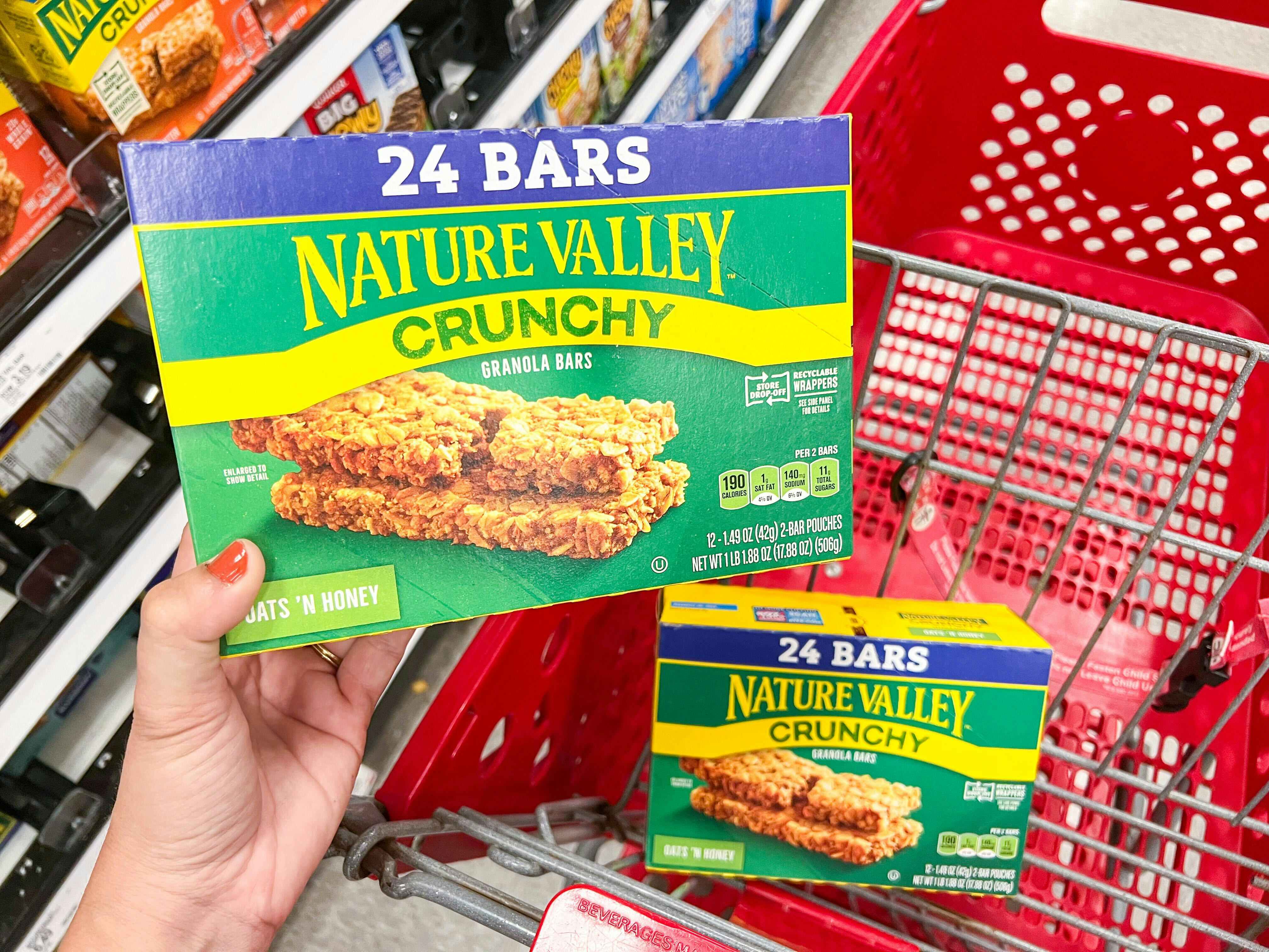 Nature Valley granola bars in a Target shopping cart.
