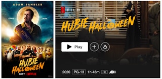 The cover for the movie Hubie Halloween next to a screenshot of the Netflix play button on the movie.