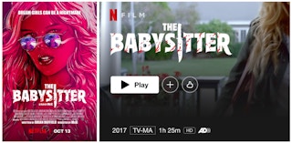 The cover for the horror movie The Babysitter next to a screenshot of the Netflix play button on the movie.