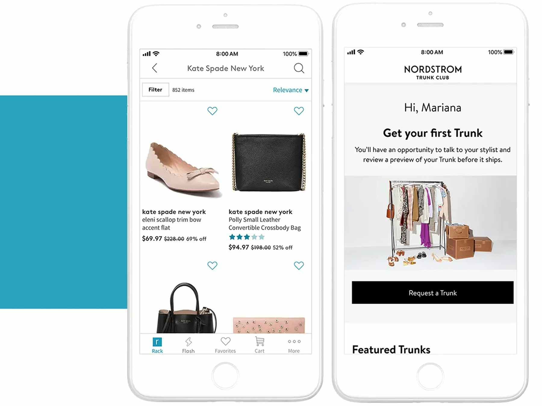 A graphic of two cell phone screens side by side showing the Nordstrom app. 