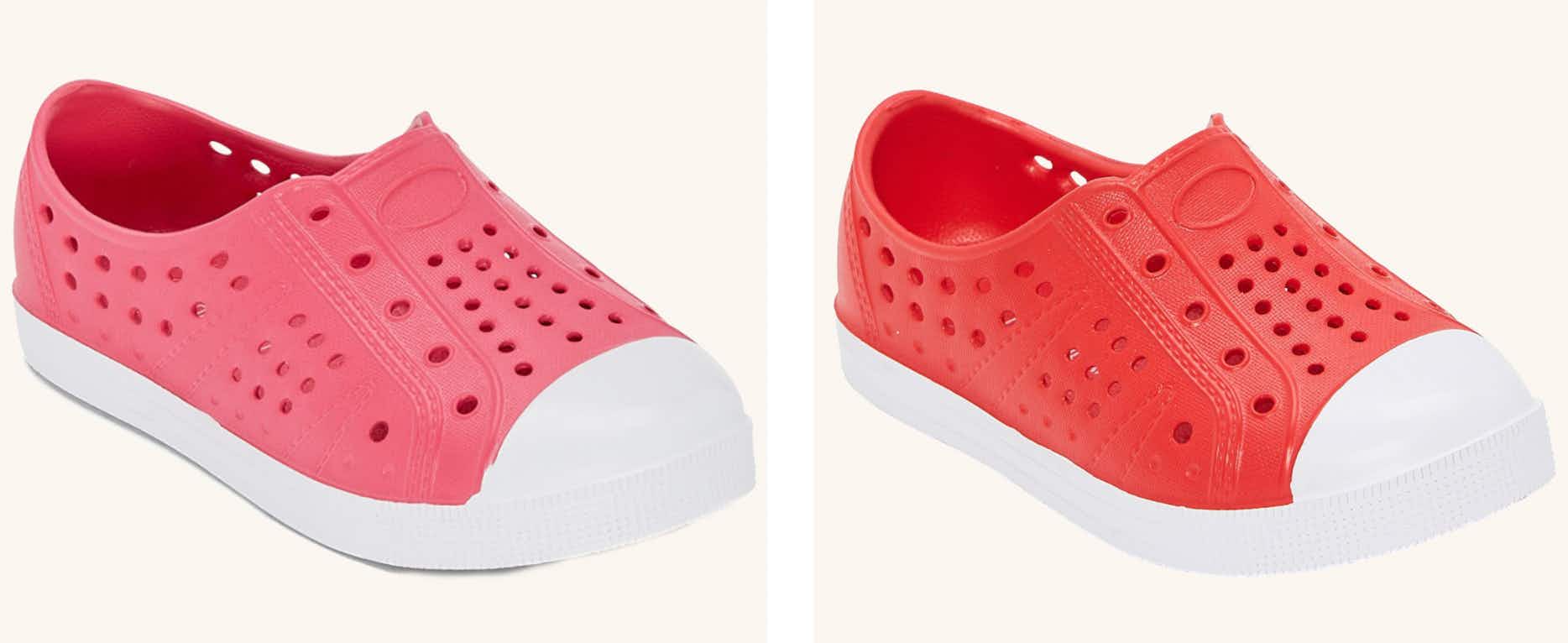 pink and red kids slip on shoes
