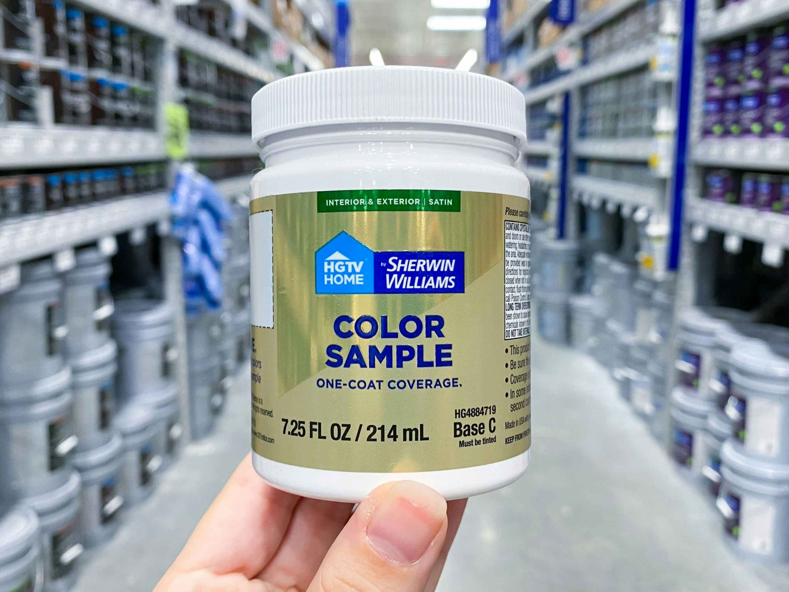 holding up paint sample at Lowes