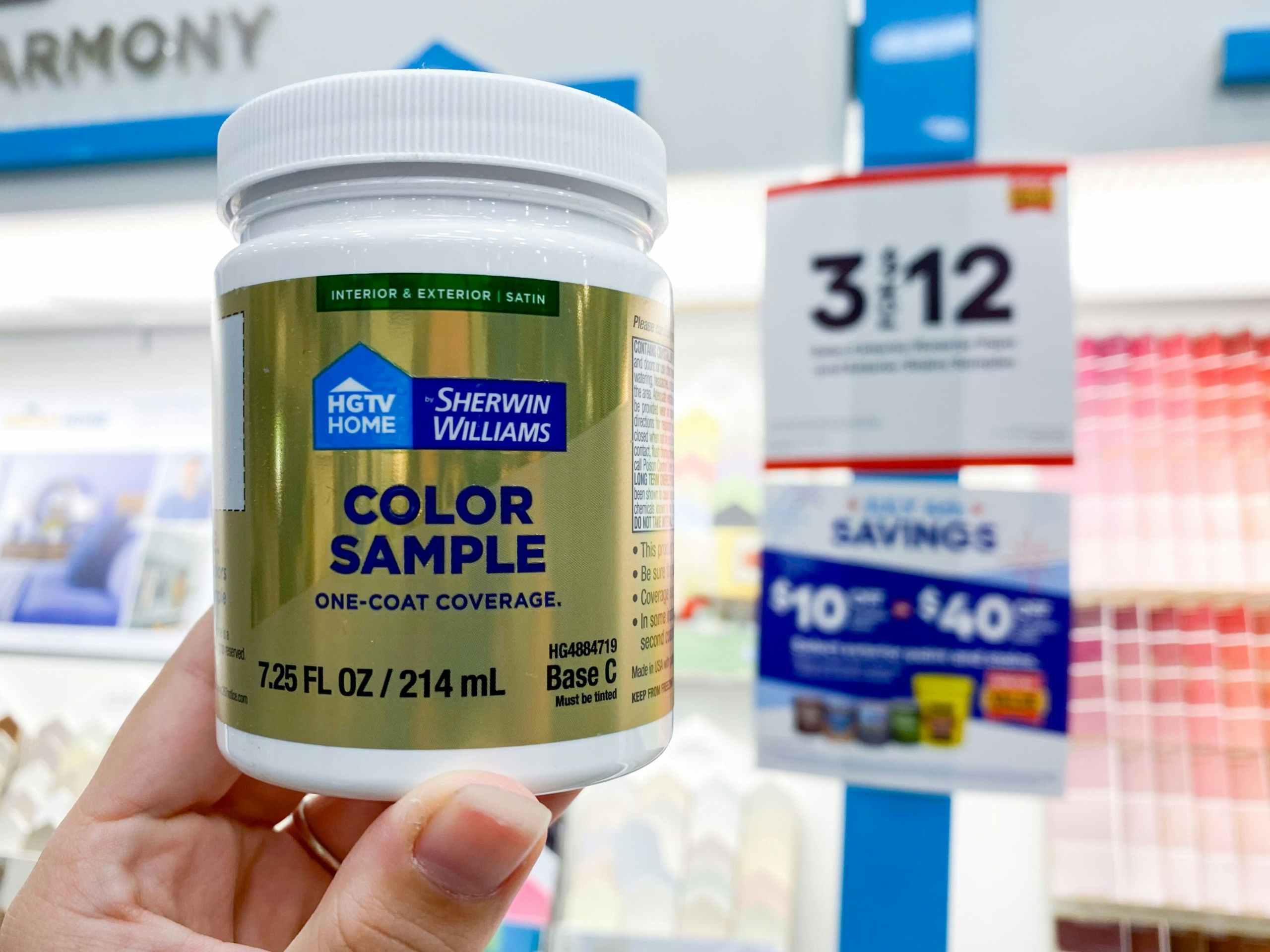 holding up paint sample at Lowes