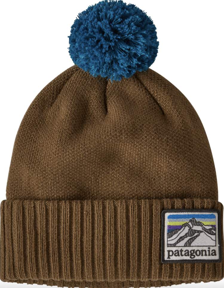 a brown and blue patagonia beanie