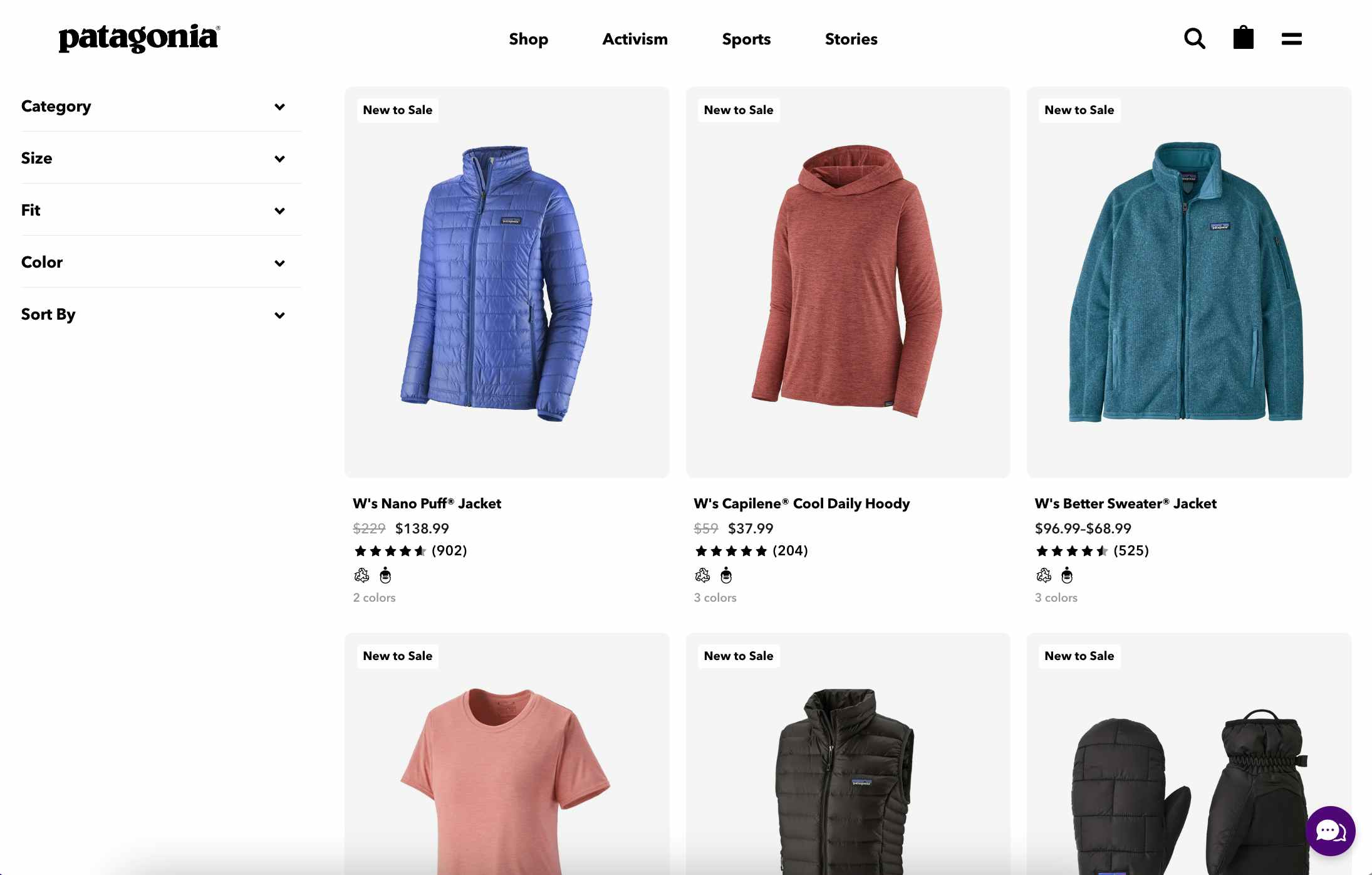 the web specials section of Patagonia's website showing discounts on jackets, sweaters, and vests
