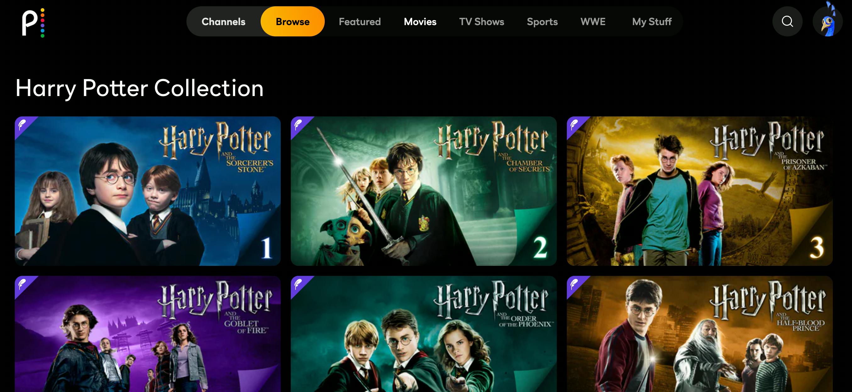 peacock tv harry potter collection page screenshot
