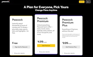 A screenshot of the Peacock subscription options for their streaming service.