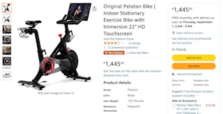 A screenshot of a Peloton bike product page on Amazon.