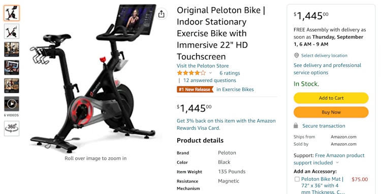 A screenshot of a Peloton bike product page on Amazon.