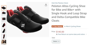 A screenshot of the Peloton cycle shoes product page on Amazon