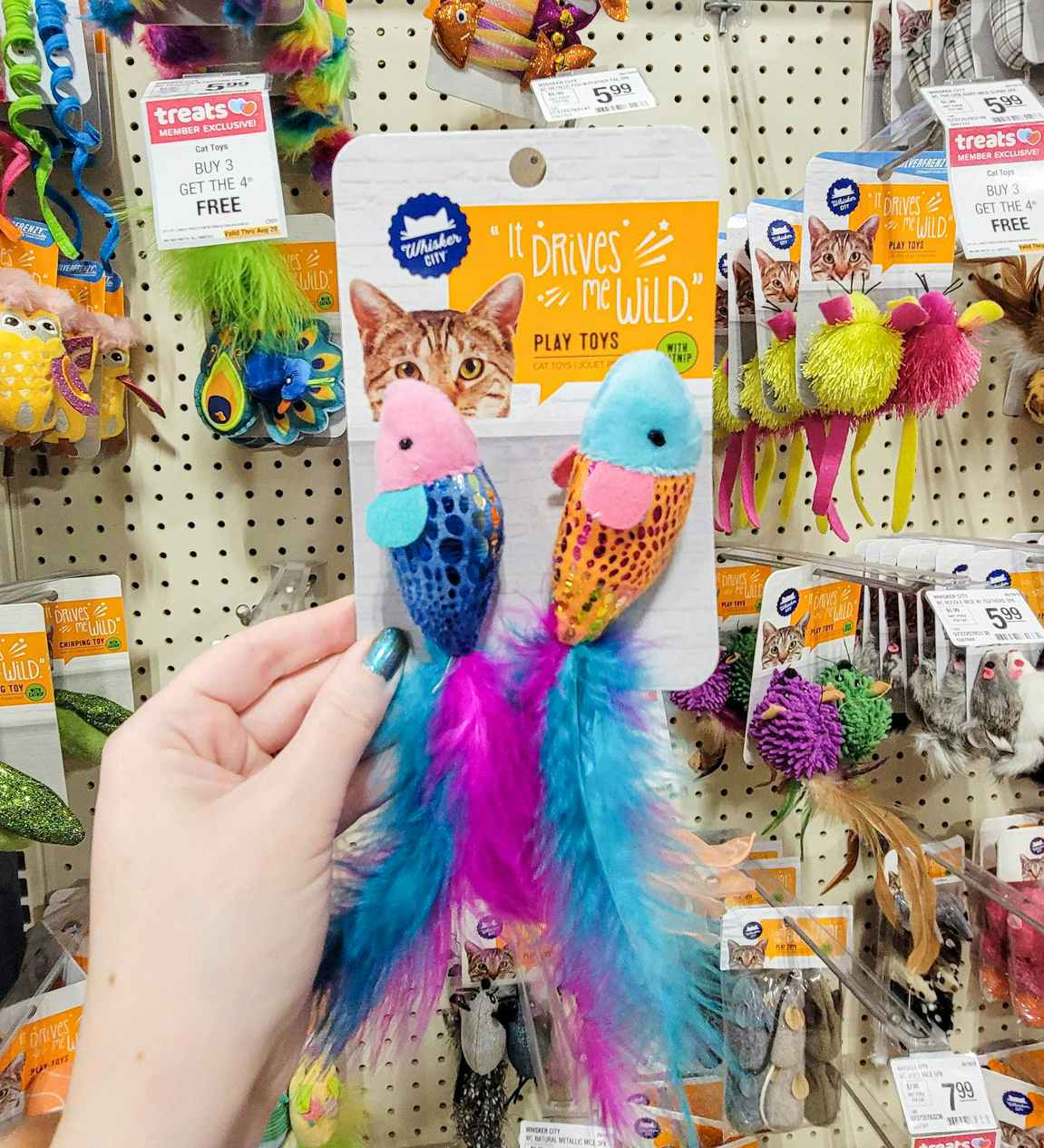 hand holding a pack of 2 cat toy fish with feathers