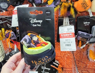 hand holding a hocus pocus cat toy, a cauldron with the 3 sanderson sisters in it