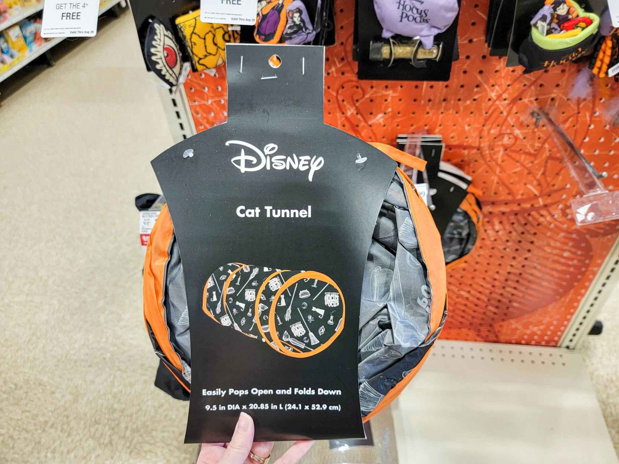 hand holding an orange and black hocus pocus themed cat tunnel