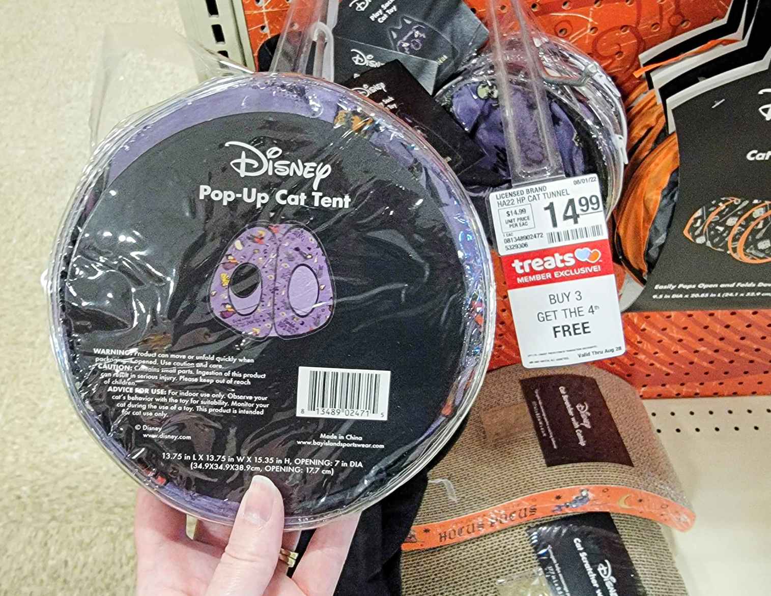hand holding a purple cat tent with hocus pocus designs