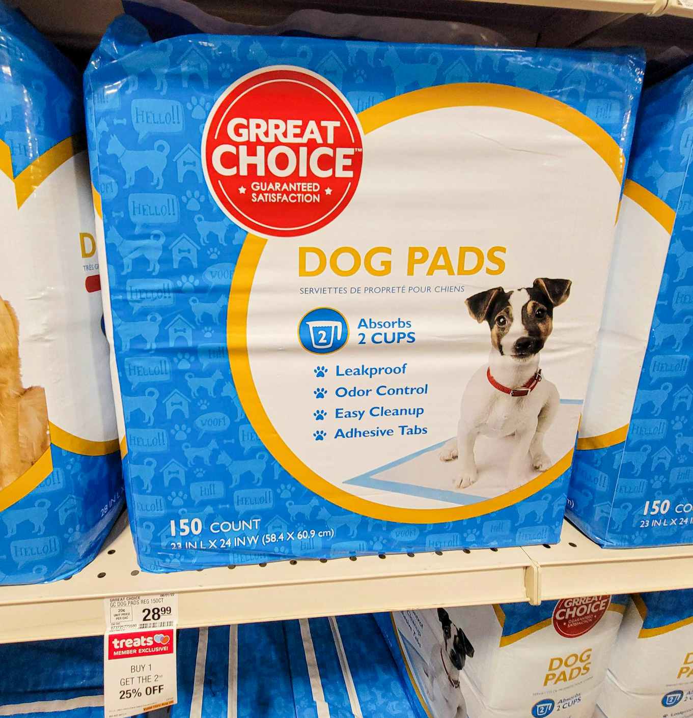 a bag of 150 dog pads on a shelf