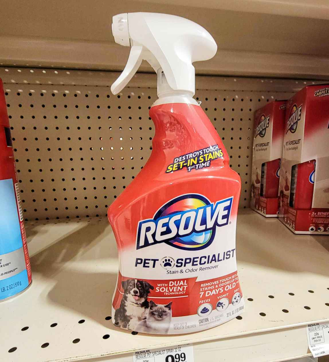a spray bottle of resolve pet specialist on the shelf