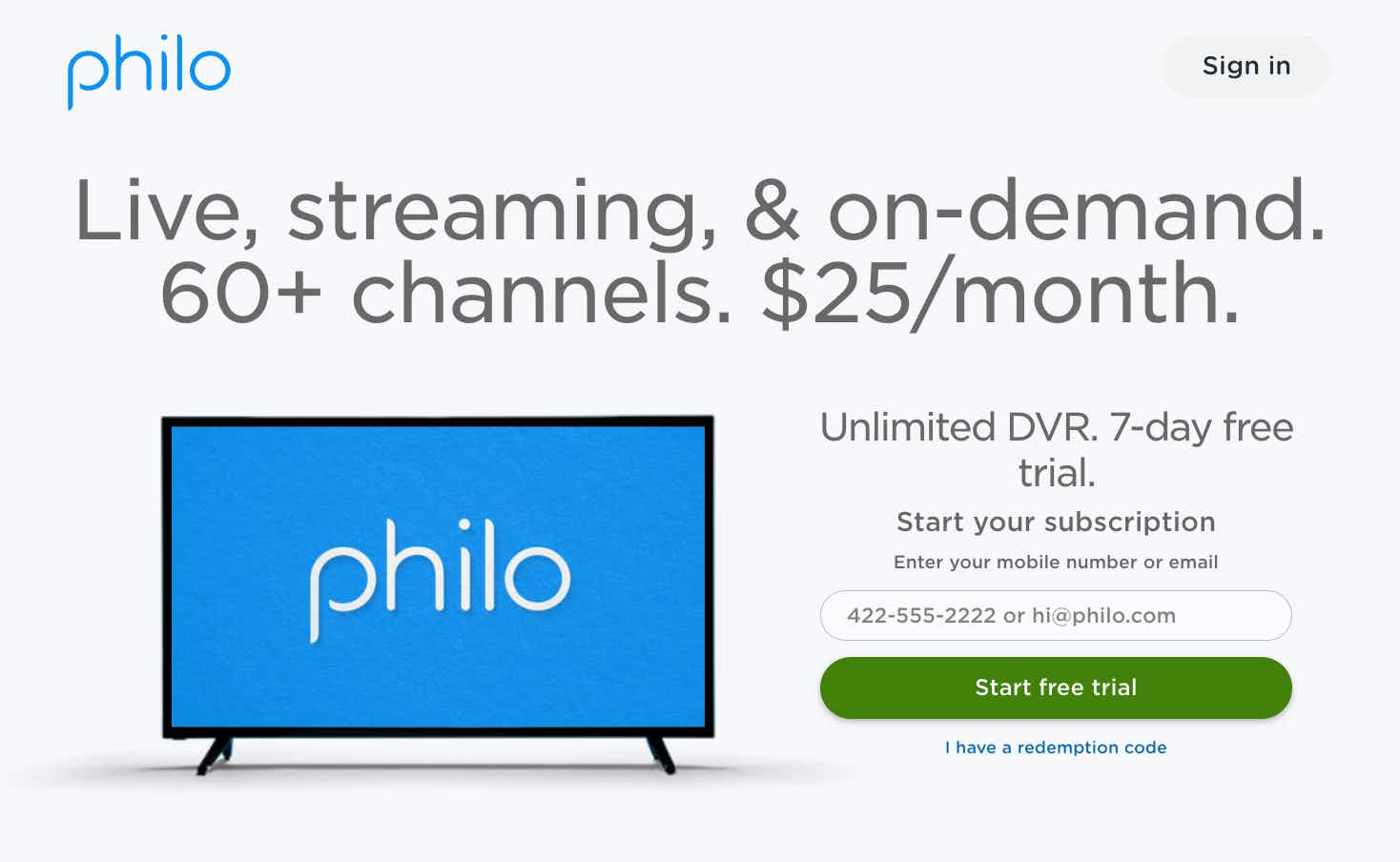 A screenshot from the Philo website's home page with the offer for a free trial.