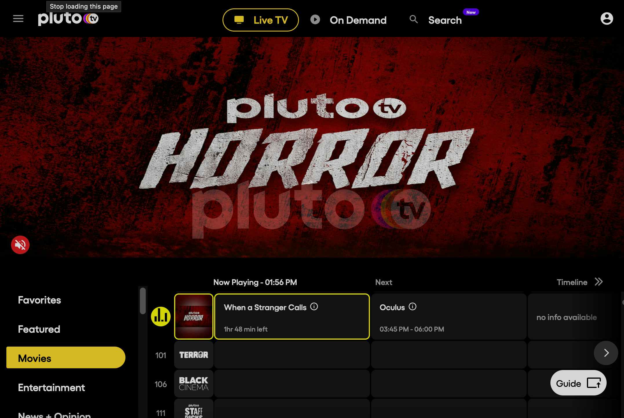 A screenshot from the PlutoTV website's Horror channel page.