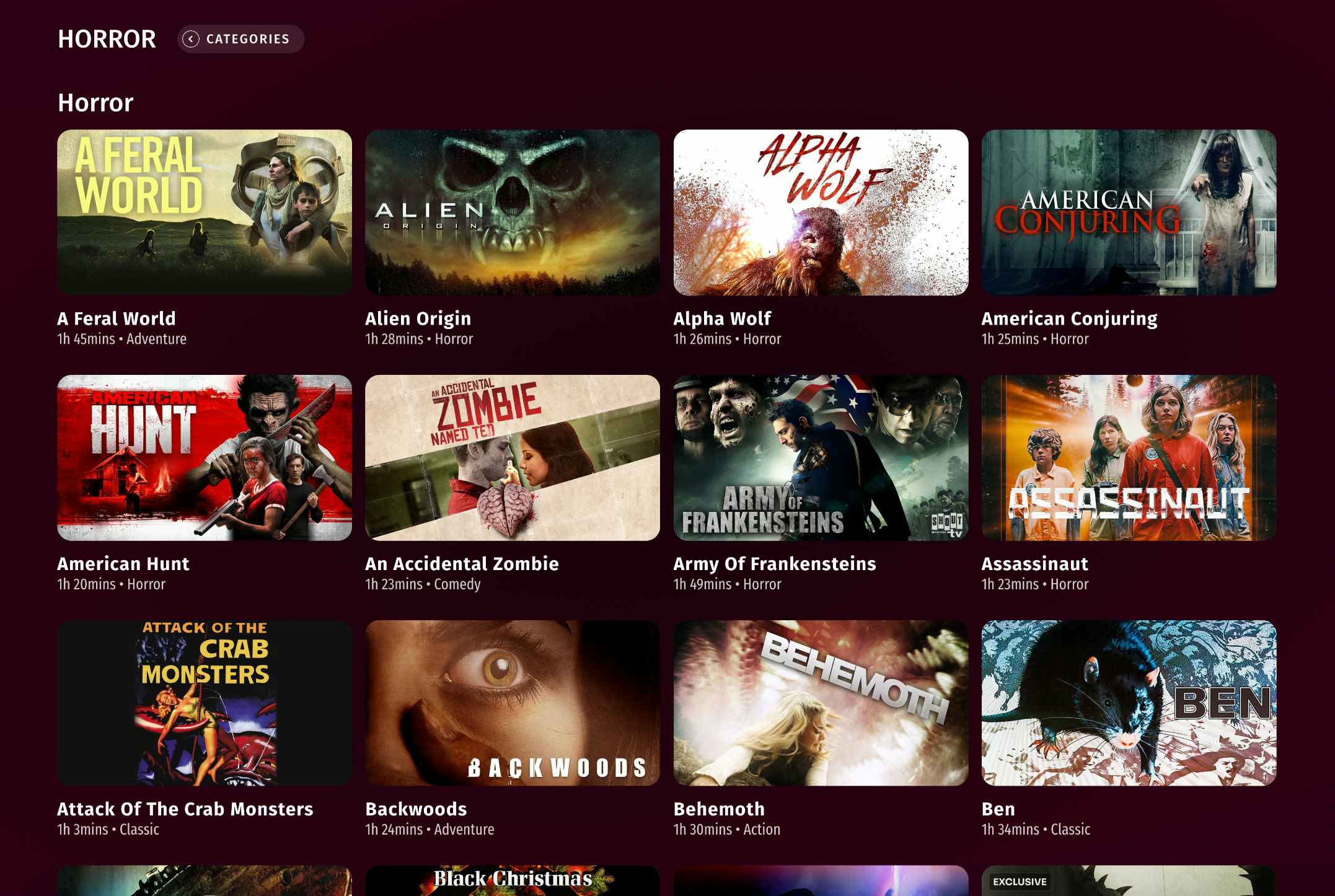 A screenshot from the Popcornflix website showing some of their horror movie selection.