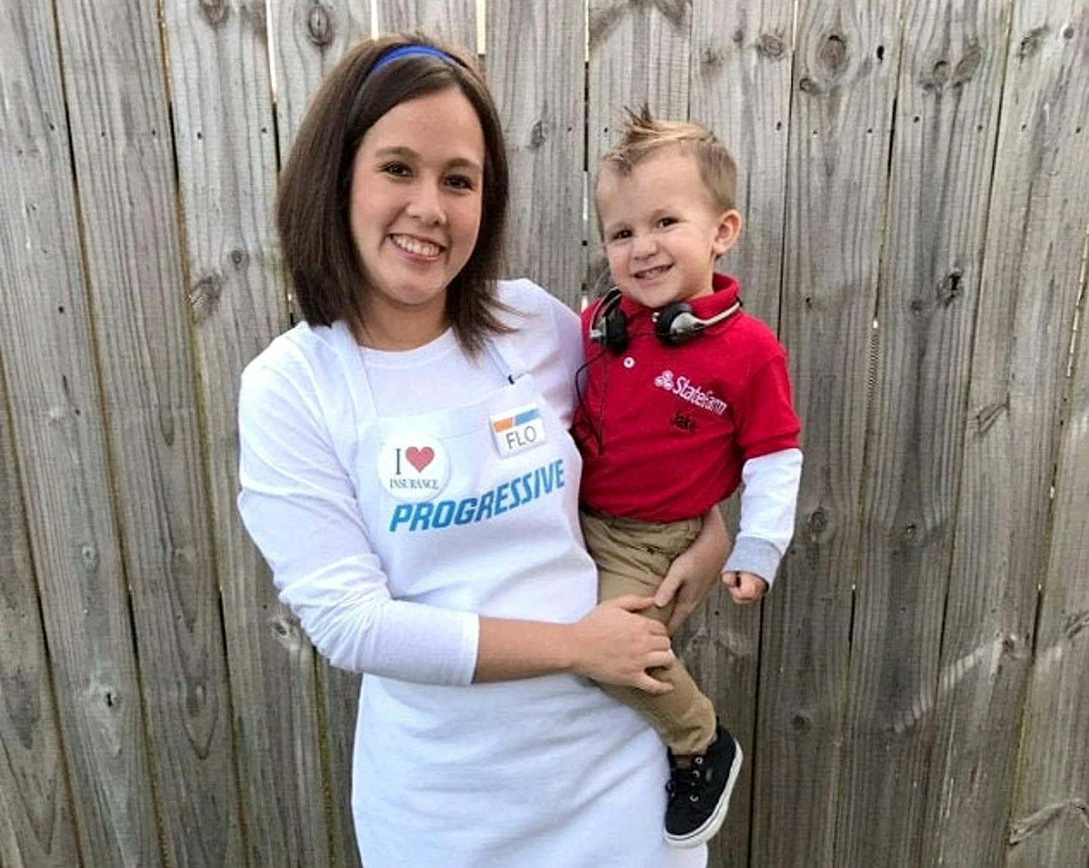 Mother and son dressed as Flo from Progressive and Jake from State Farm costumes