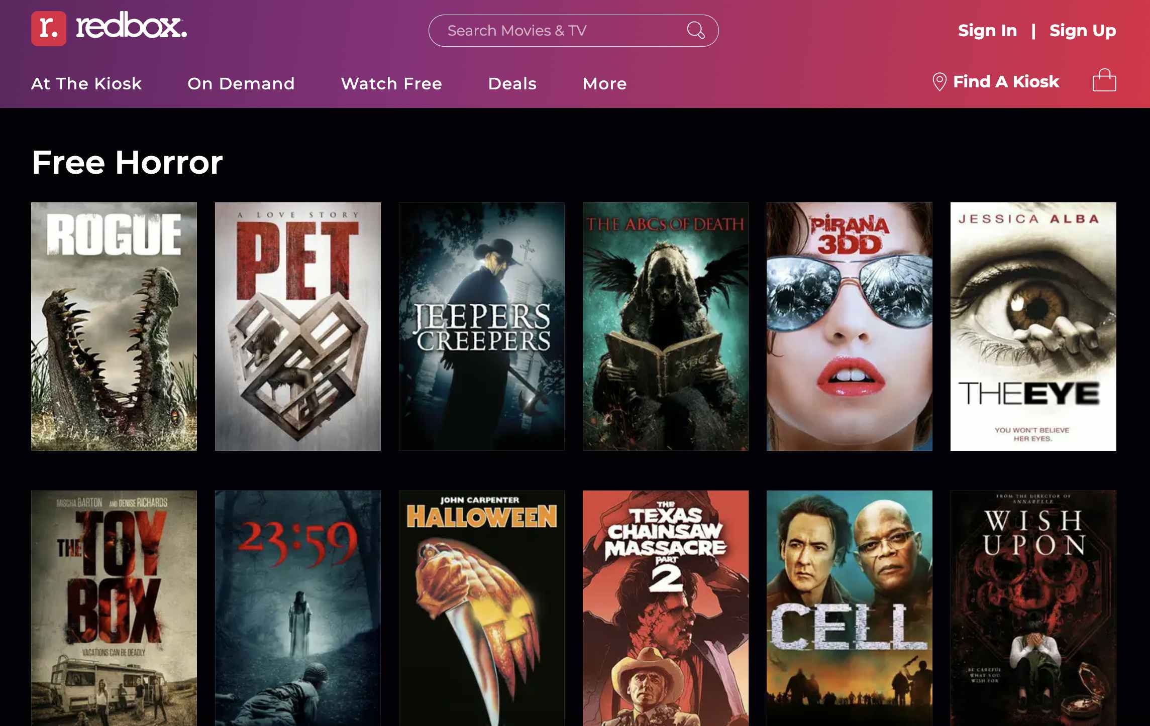 A screenshot of the Redbox On Demand free Halloween movies selection.