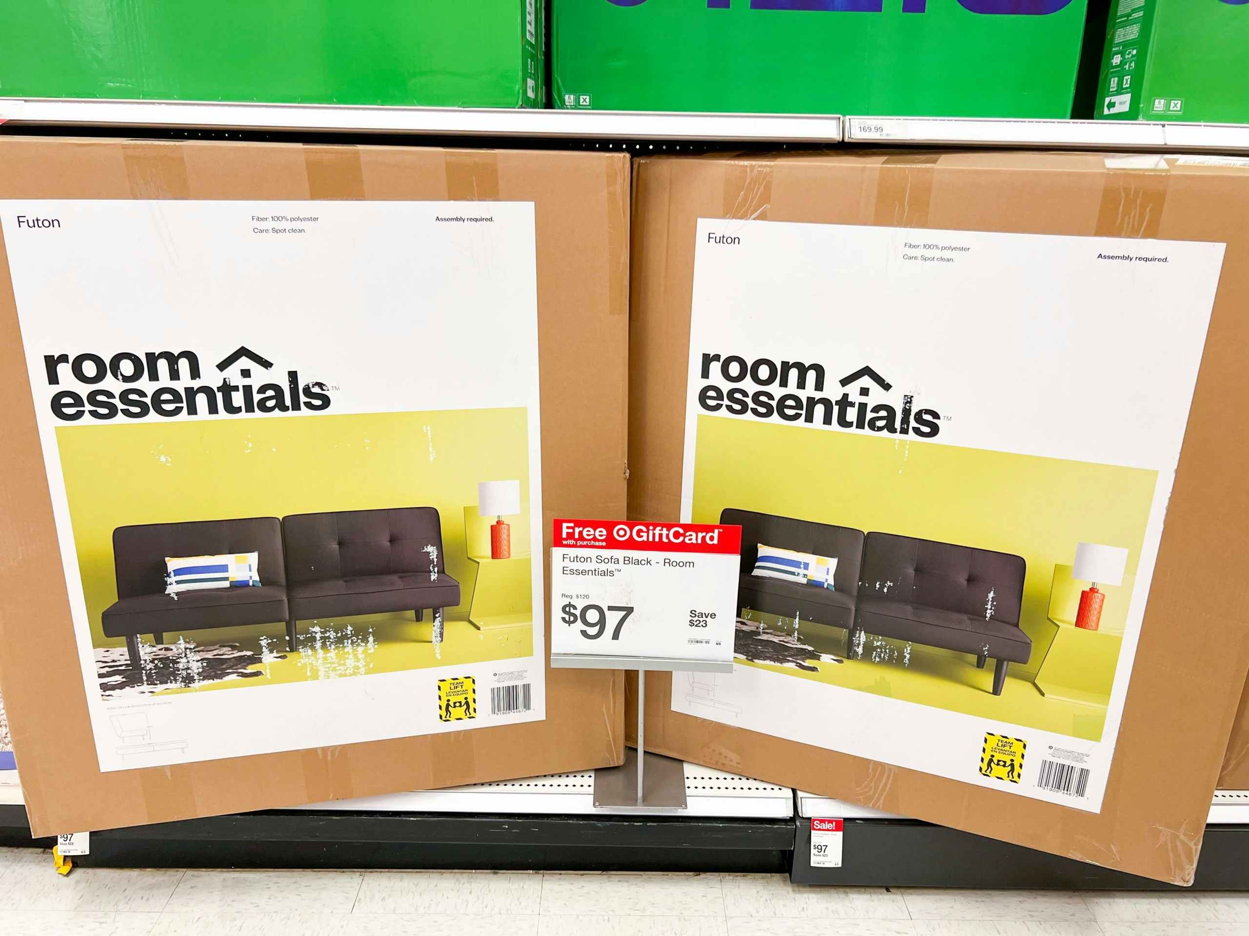 two futons in boxes on Target store shelf