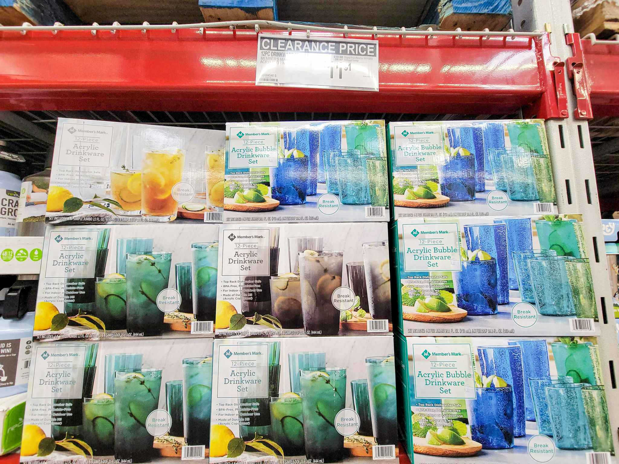 acrylic drinkware sets displayed on a shelf in various colors