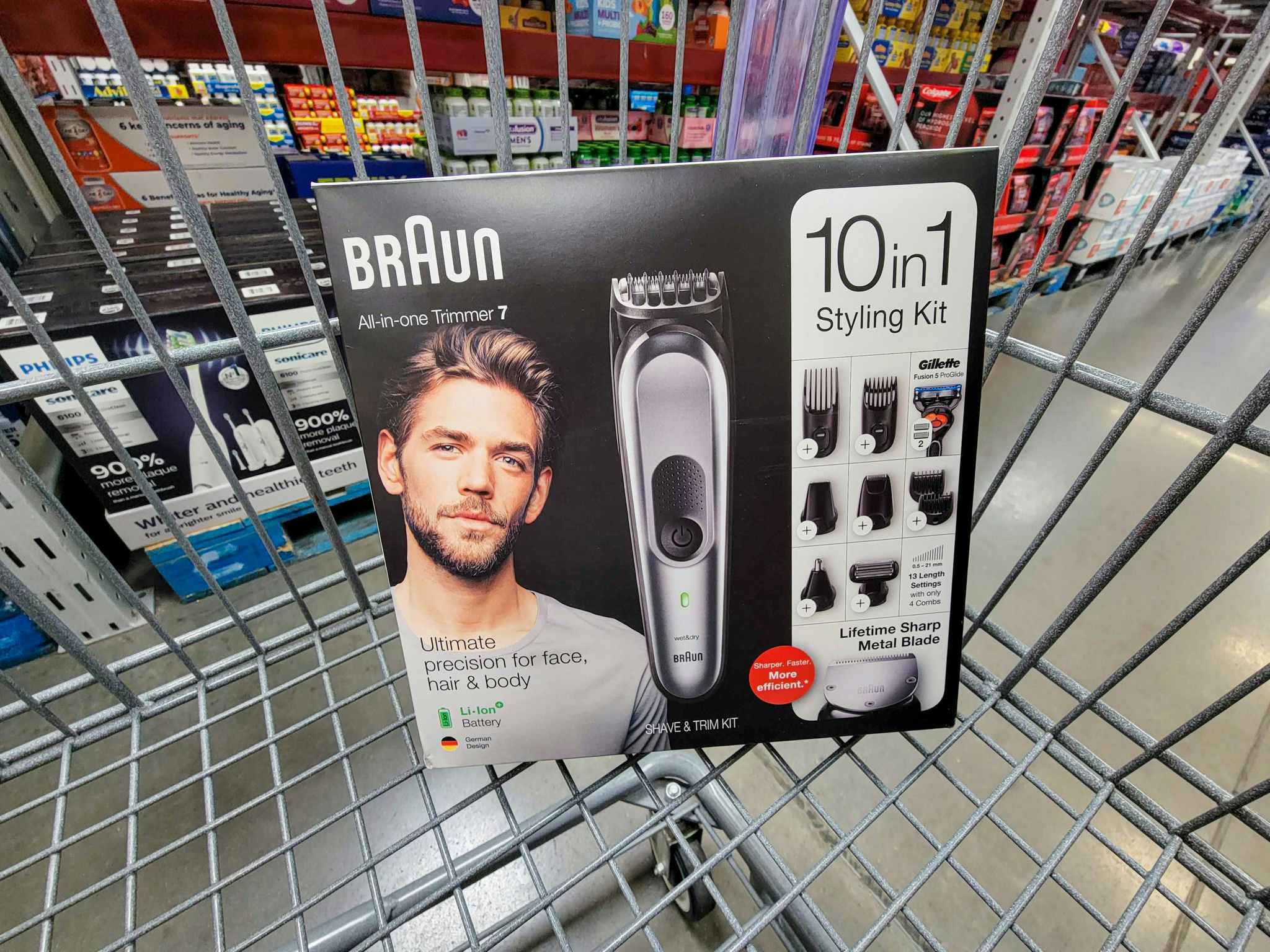 a braun 10 in 1 trimmer styling kit in a cart