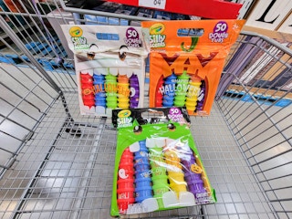 cart with 3 50-packs of crayola silly scents dough for halloween