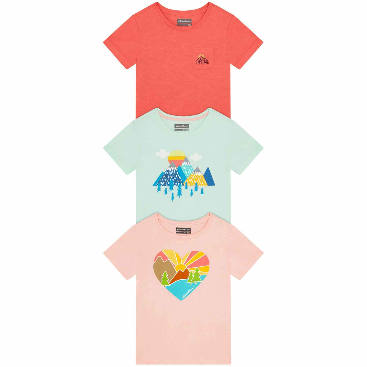 a 3 pack of kids tees in coral, pink and blue