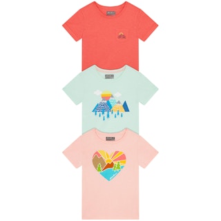 a 3 pack of kids tees in coral, pink and blue