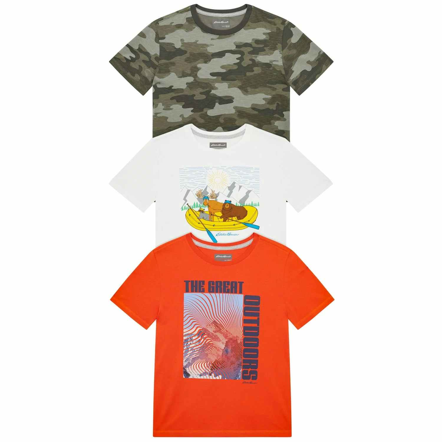 3 pack of kids tees, orange, white and camo