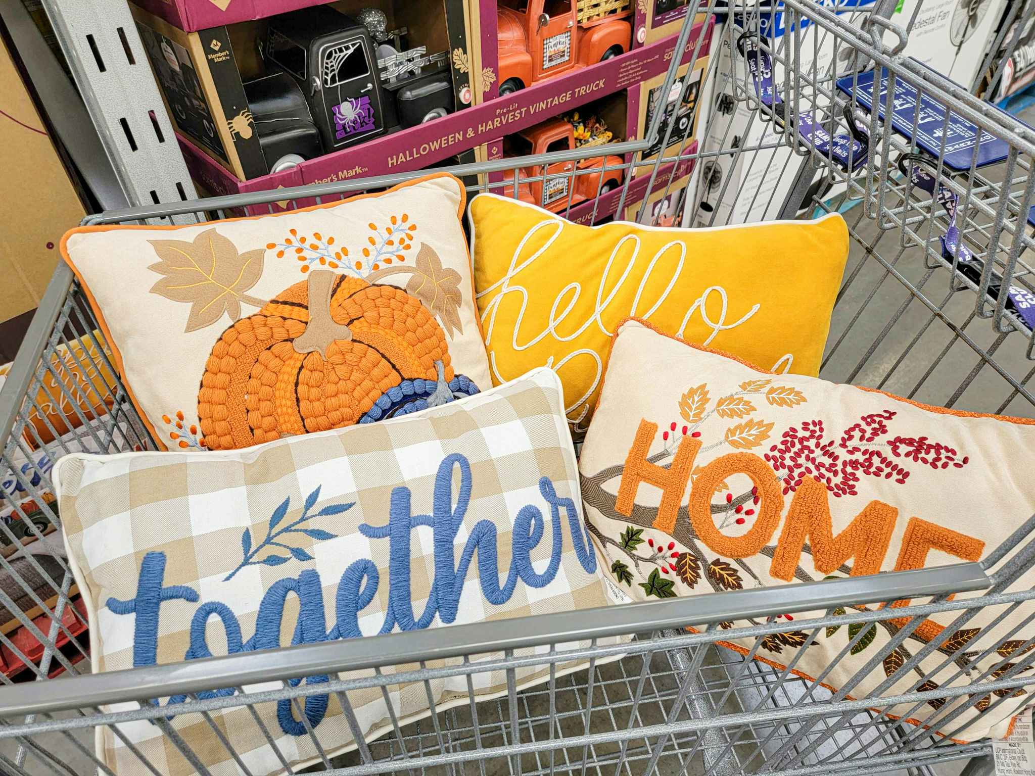 fall themed throw pillows in a cart
