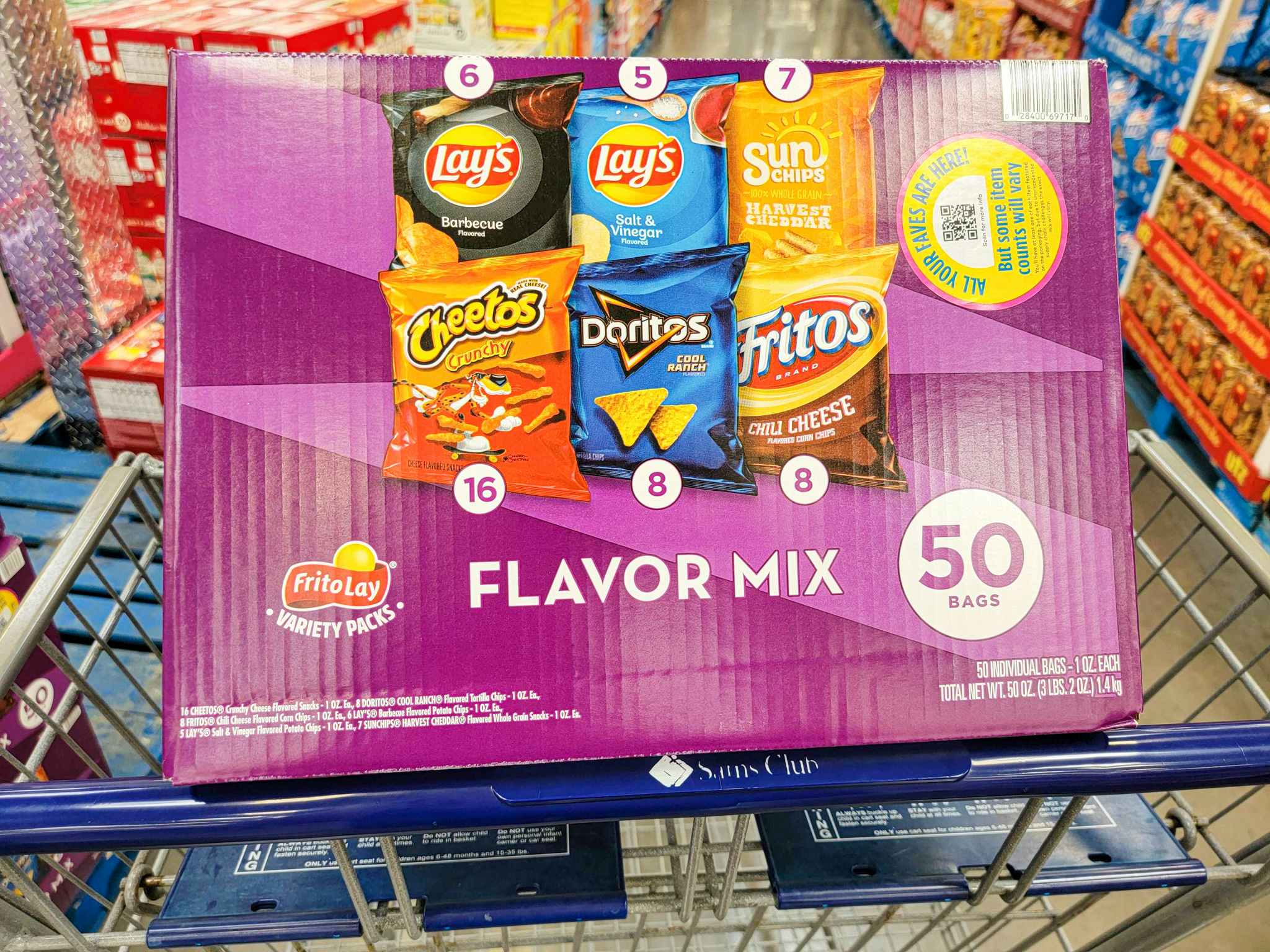 a box of 50 frito lay variety chips in a box in the cart