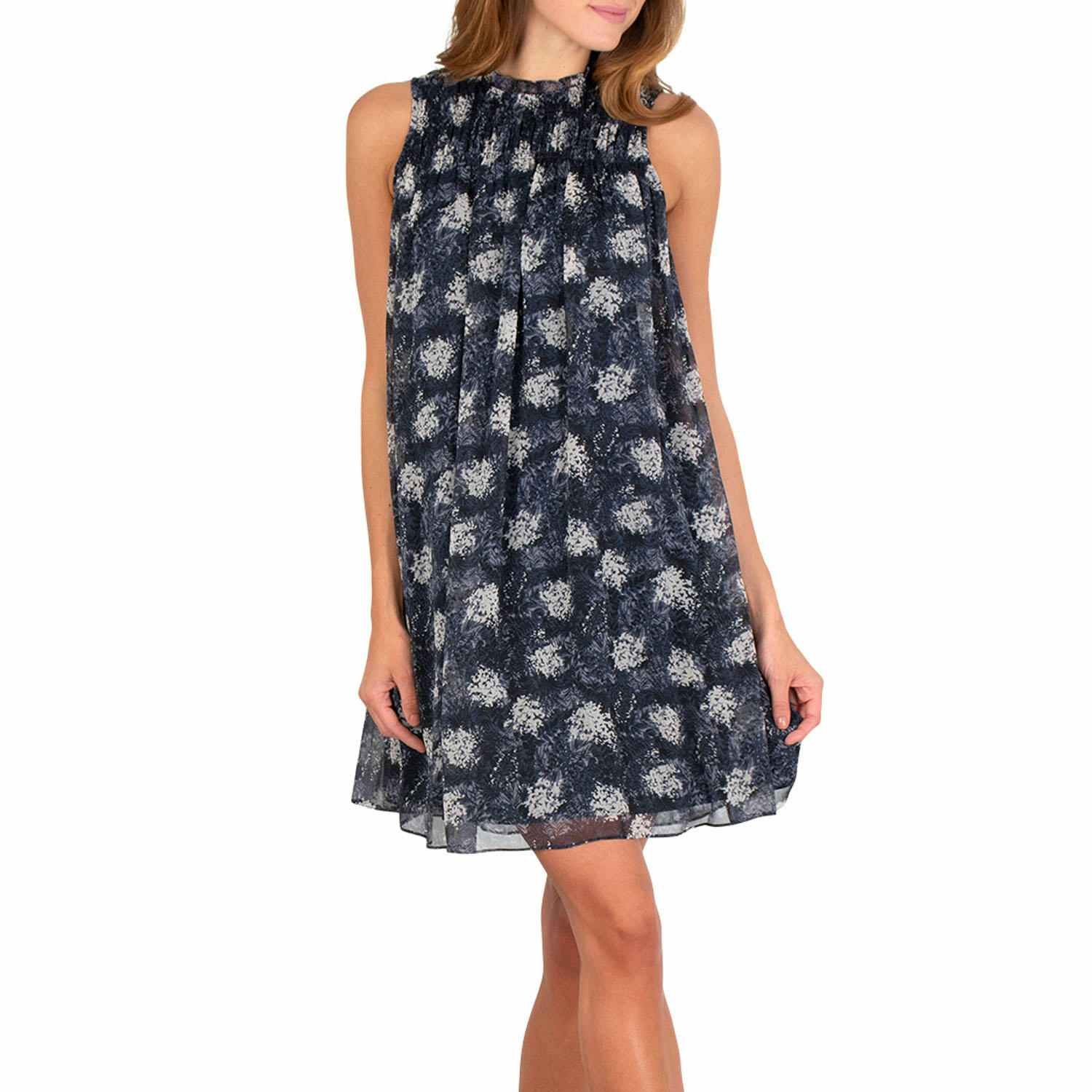 navy blue mini dress with white flowers