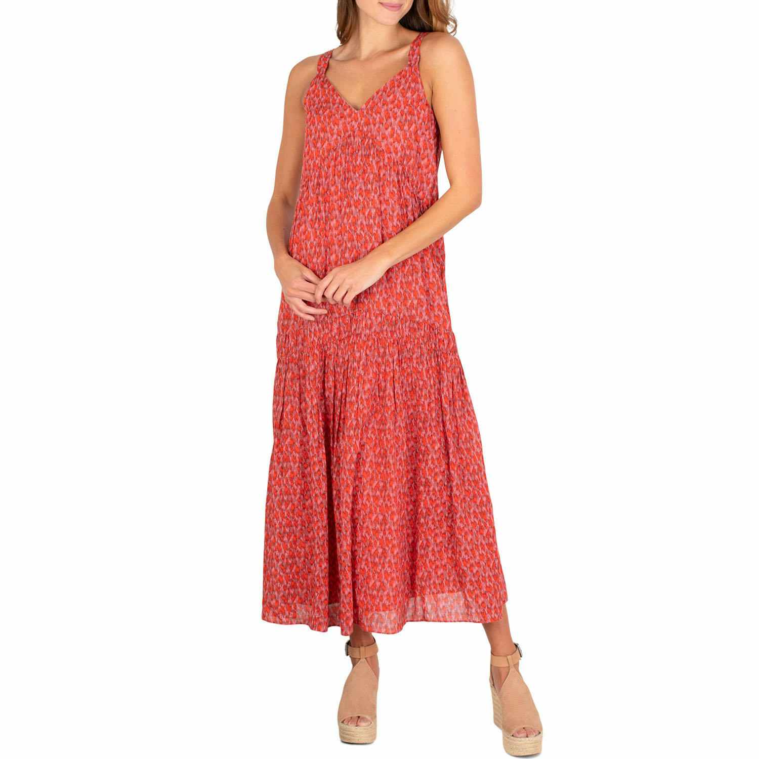 woman wearing a rose colored maxi dress