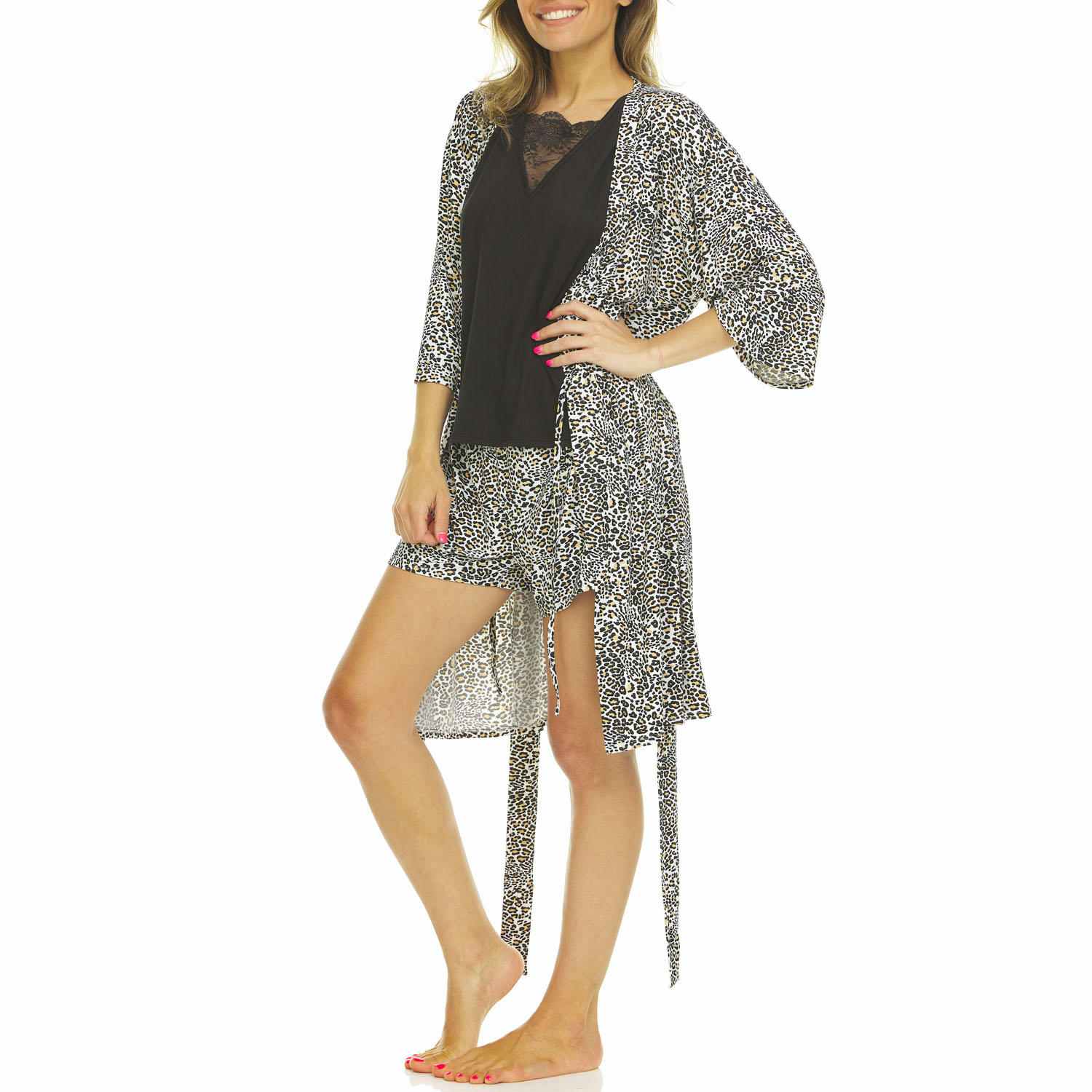 ladies 3 piece pajama set in cheetah print
