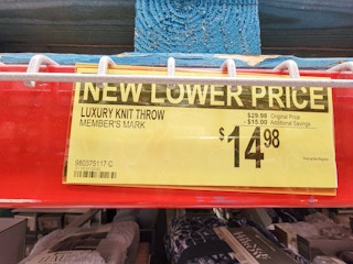 lower price sign for luxury knit throw blankets, from 29.98 to 14.98