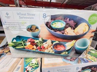 an 8 piece serveware set in different shades of blue