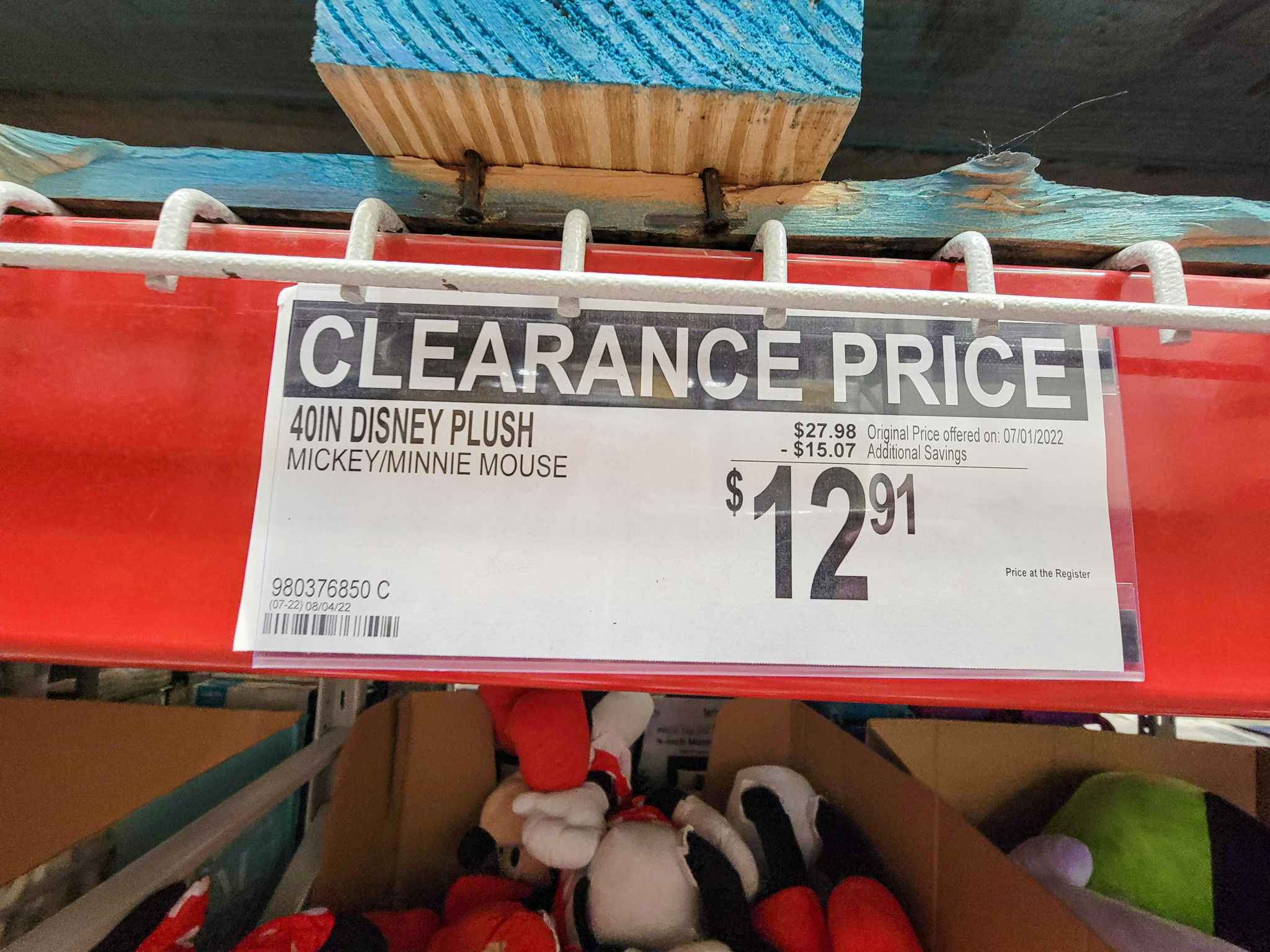clearance tag for $12.91 jumbo disney plush