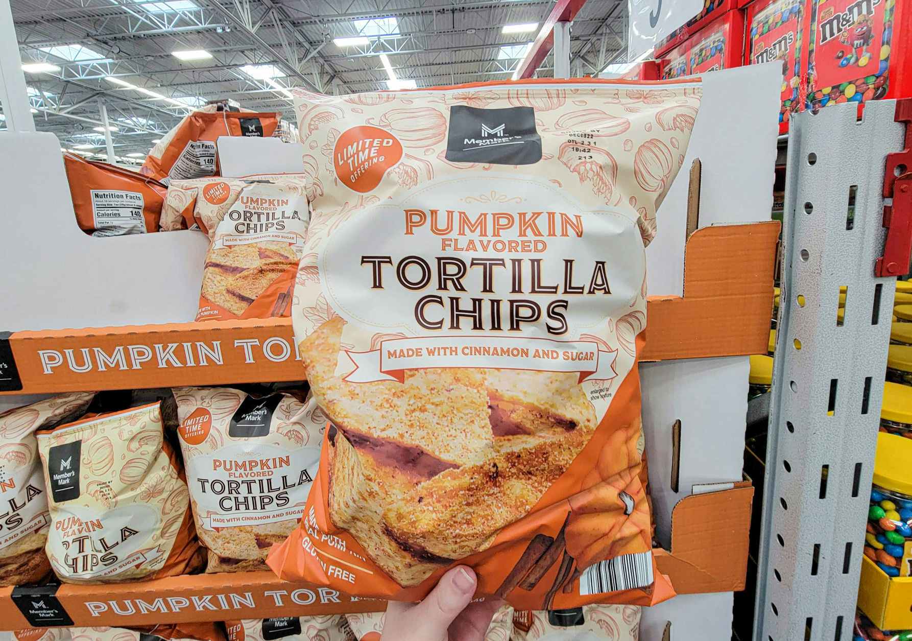 hand holding a bag of pumpkin flavored tortilla chips
