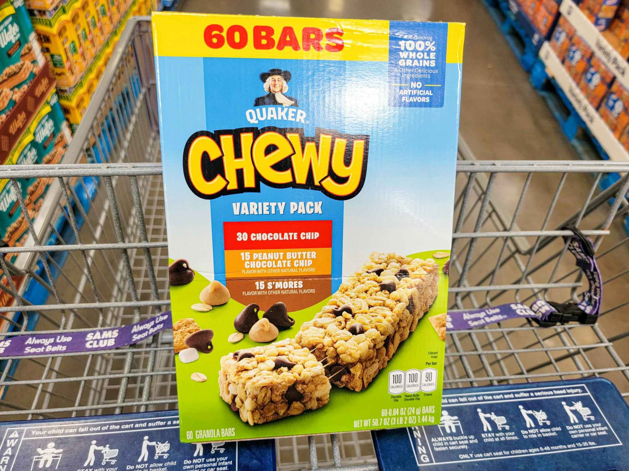 a box of 60 chewy granola bars in a cart