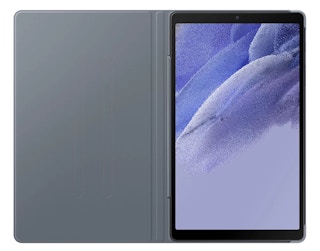 a samsung galaxy tablet with a grey cover