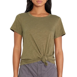 woman wearing an olive green tee