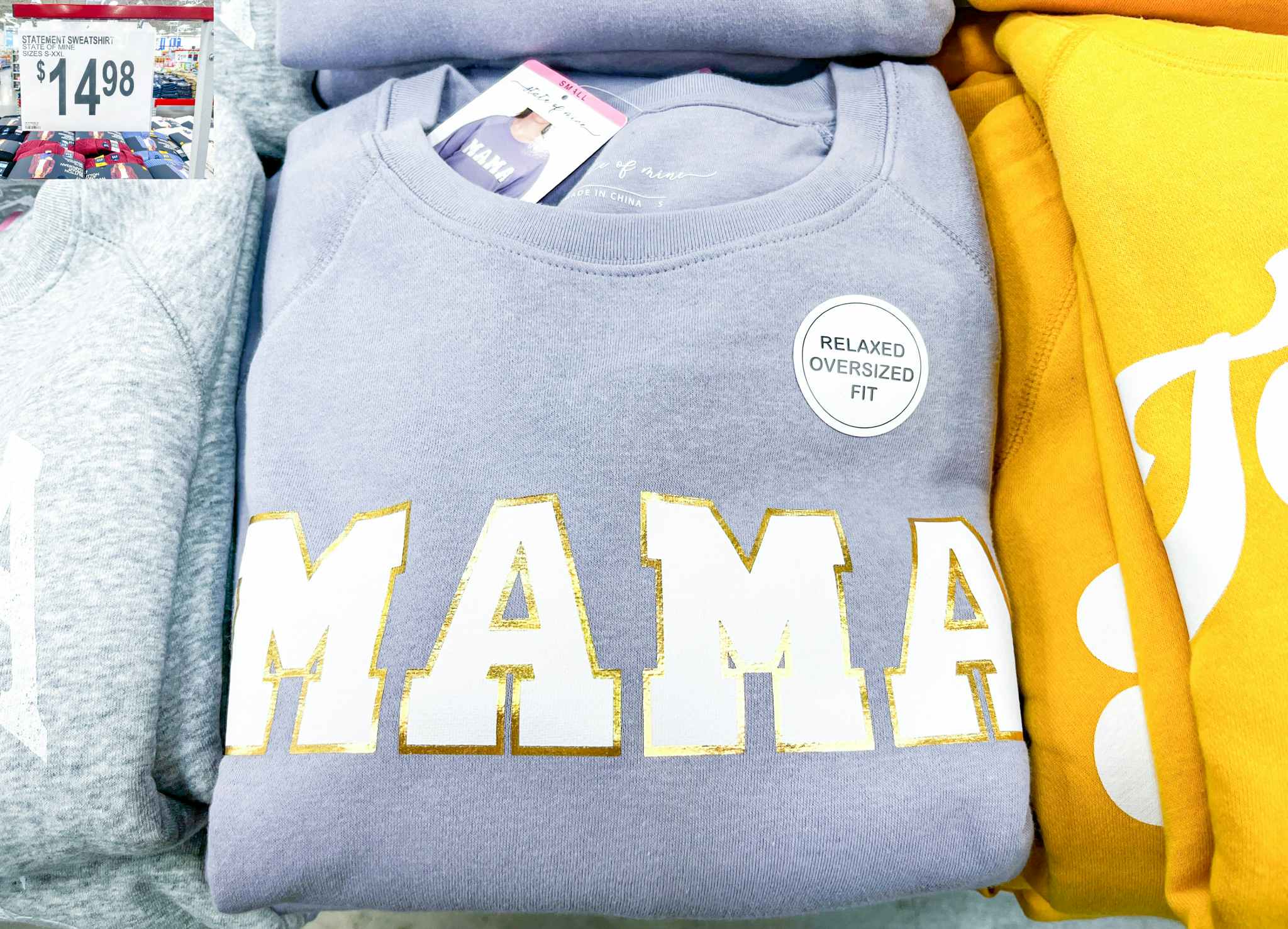 mama sweatshirt with sale sign at sams club