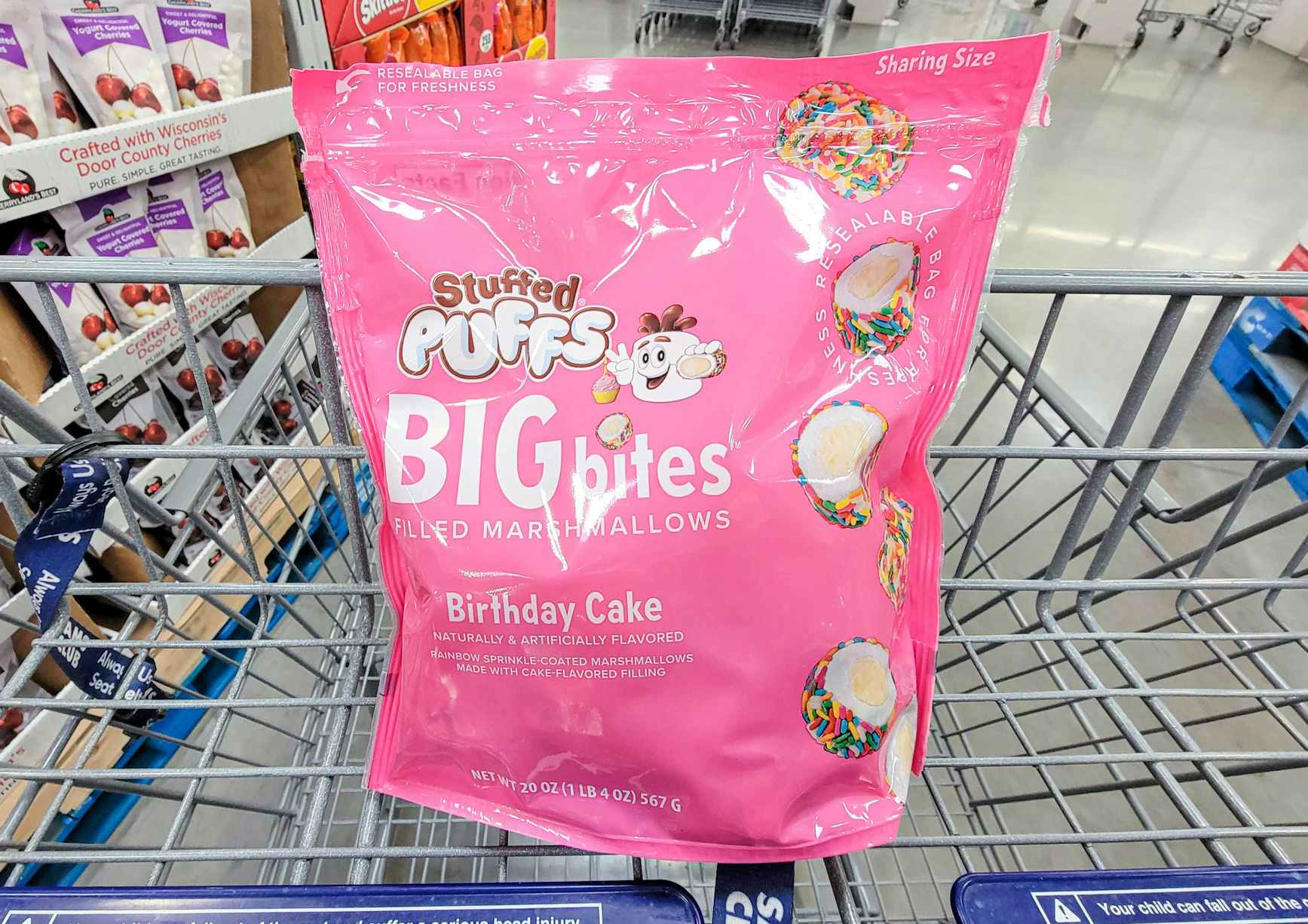 a bag of stuffed puffs birthday cake filled marshmallows in a cart